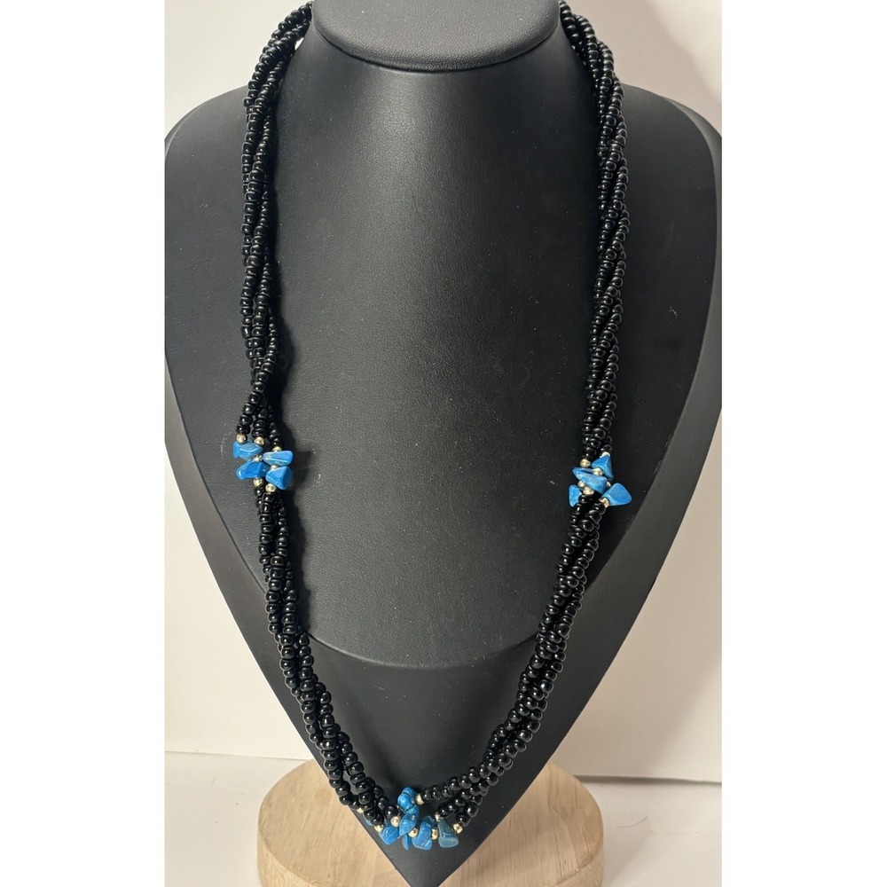 Three Strand Black Bead Necklace 24" Blue Stone Chip Accents Boho